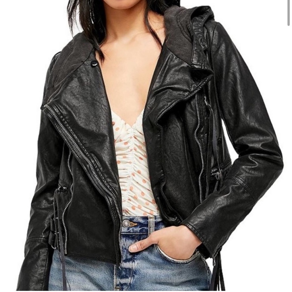 Free People We the Free Cleo Vegan Leather Hooded Moto Jacket - Size Small - EUC